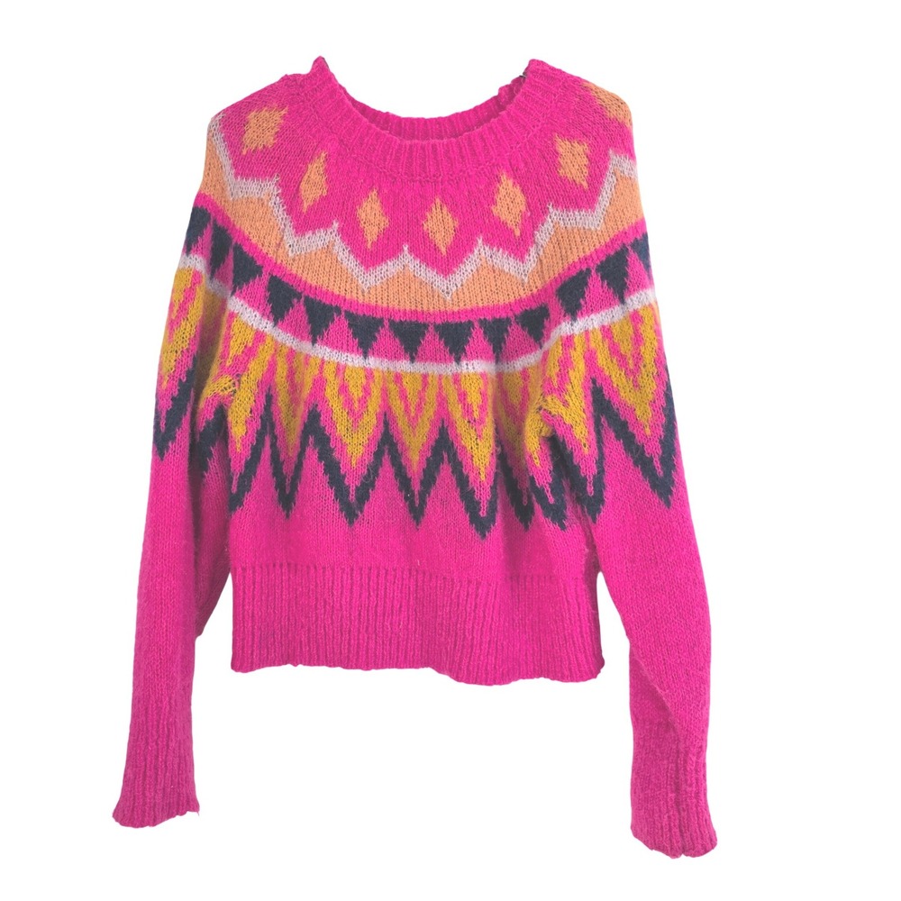 A New Day Hot Pink Fair Isle Geometric Knit Crewneck Sweater Womens Medium‎